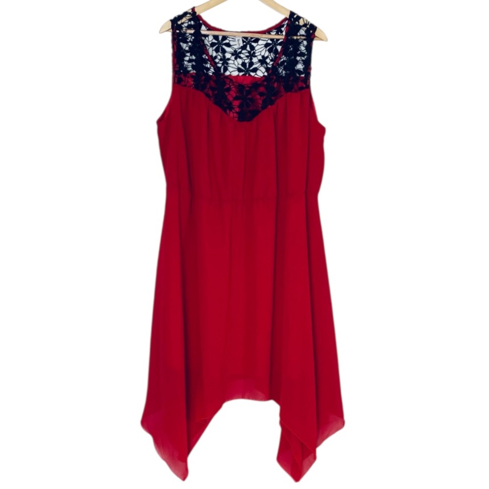 Nextmia Cherry Red Plus Sz Dress with Black Lace Handkerchief Hem | Sz 22
